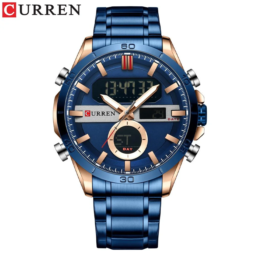 CURREN Montre-Bracelet Numérique de Sport pour hommes, en or, avec chronographe, acier inoxydable, LED, à la Mode, 8384