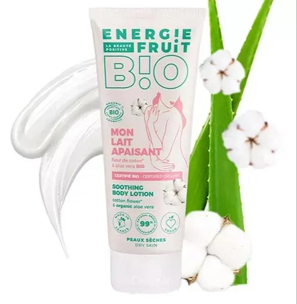 Energie Fruit Lait Corps Apaisant Fleur de coton et aloe vera biologique Peaux sèches