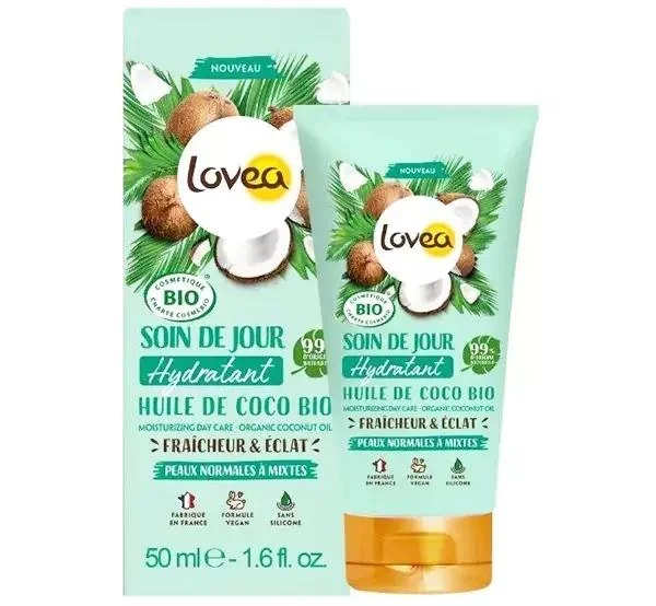 Lovea Crème de jour hydratante pour le visage Huile de coco biologique peaux normales à mixtes